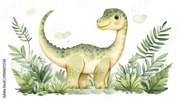 Obraz Watercolor cartoon cute little dinosaur , A cartoon dinosaur standing in a field with clouds and grass, A cartoon dinosaur standing in a field with grass and trees