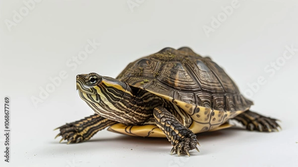 Obraz Close-up of a turtle with patterned shell on white background