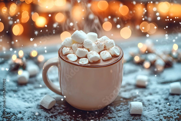 Fototapeta Cup of hot chocolate or mug of cocoa with small marshmallows against traditional winter christmas market. City street in fair atmosphere. New Year holidays and Xmas concept for banner, poster, card