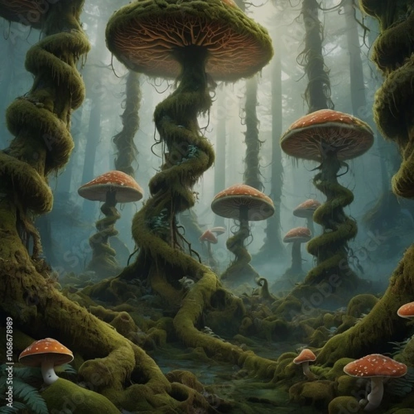 Fototapeta A dense, twisting forest with towering trees covered in vibrant moss and glowing fungi, enveloped in surreal mist that adds an ethereal atmosphere.
