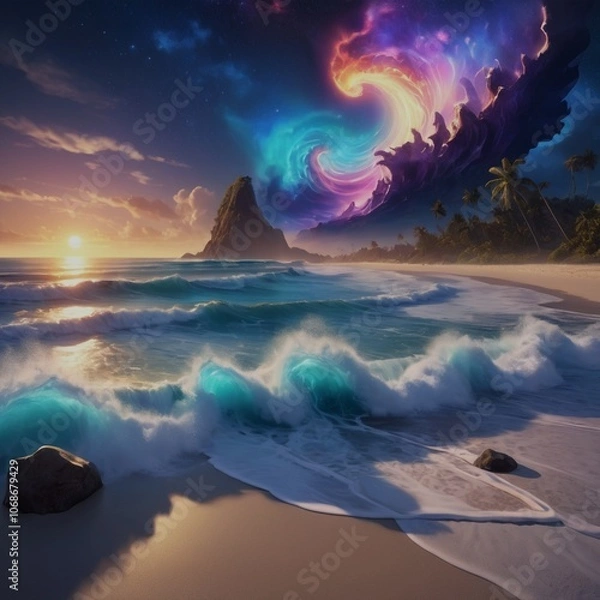 Fototapeta A surreal beach where ocean waves are made of liquid light, crashing into glowing stones under a sky filled with swirling nebulae.