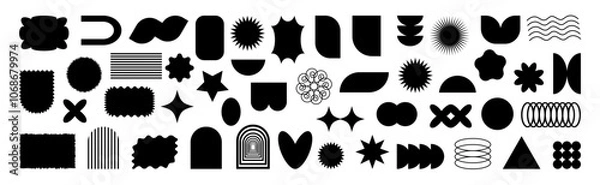 Obraz Bauhaus Memphis design. Brutalist abstract geometric shapes and grids. Brutal contemporary figure star oval spiral flower and other elements.Swiss design aesthetic. Black on white background, vector