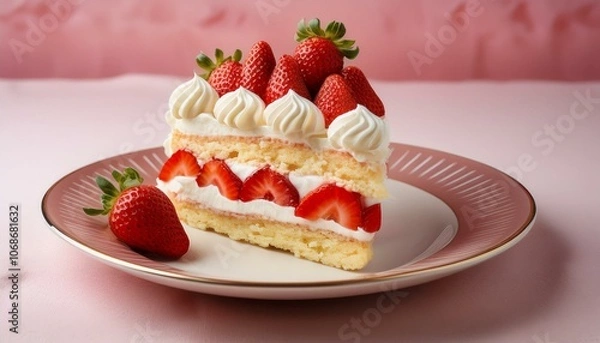 Obraz きれいにカットされたストロベリーショートケーキ、クラシック陶器プレートにのせたフレッシュ苺とクリーム