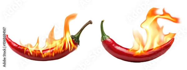 Fototapeta Two fresh red chilies that are very spicy, with a flare of flames. transparent background