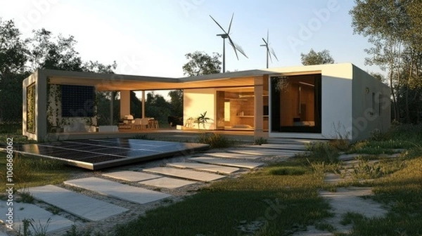 Fototapeta A minimalist eco-friendly design concept, showcasing green energy, clean lines, and sustainable elements like solar panels and wind turbines.
