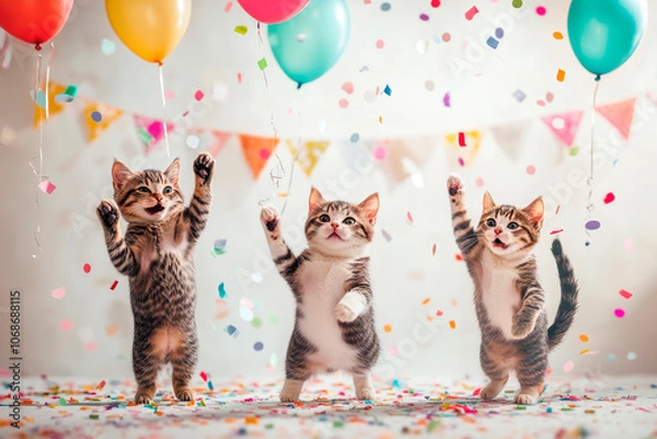 Fototapeta Festive celebration background with a dancing cats for birthday or new year.