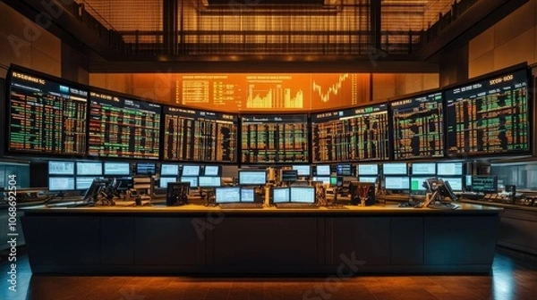 Obraz High-tech display of the SP 500 index with live charts, numbers, and trends showing the fluctuating market in real-time.