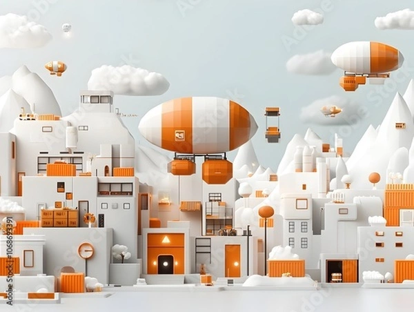 Fototapeta Cutting edge material transport airships with self piloting capabilities AI driven route optimization and renewable energy powered facilities