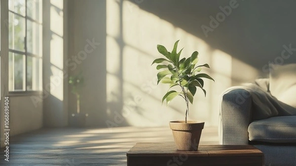 Fototapeta A cozy living room featuring a small potted plant beside a comfortable sofa, illuminated by warm sunlight creating soft shadows.