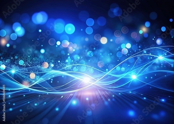 Fototapeta An elegant dark blue abstract backdrop showcasing radiant particles, smooth wave lines, and mesmerizing bokeh effects, ideal for enhancing any creative design or visual work.