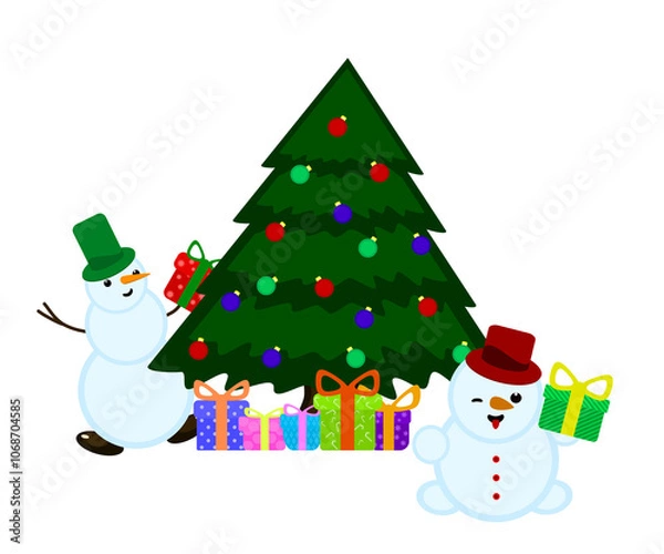 Obraz Cute illustration of happy snowman and Christmas tree with gift boxes