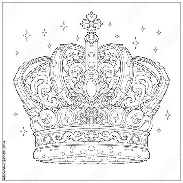 Fototapeta Premium vector. Fantasy royal crown with gemstone and sparkling carved ornament. Learning and education coloring page illustration for adult and children. Vector outline style, black and white drawing
