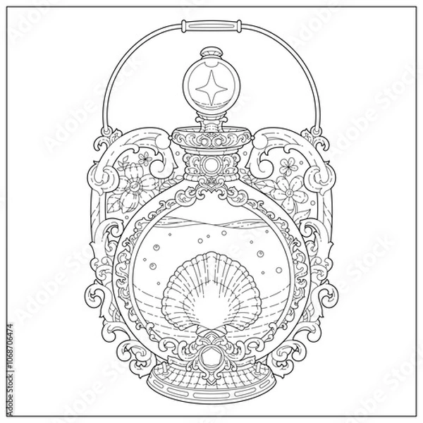 Obraz Premium vector. Beautiful bottle souvenir with clam and water inside it. Learning and education coloring page illustration for adult and children. Vector outline style, black and white drawing. 