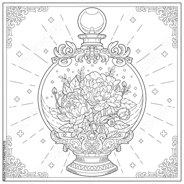 Obraz Premium vector. Beautiful bottle souvenir with flower and leaf inside it. Learning and education coloring page illustration for adult and children. Vector outline style, black and white drawing. 