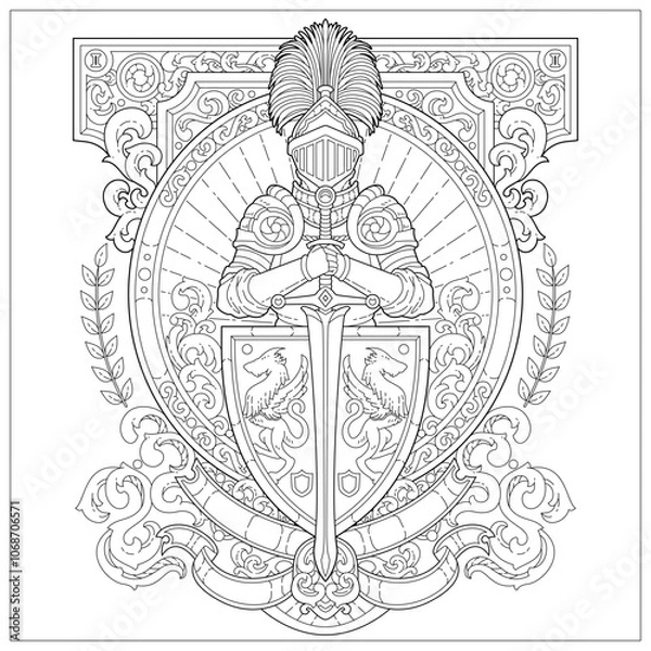 Fototapeta Premium vector. Fantasy kingdom emblem with noble knight, sword and shield. Learning and education coloring page illustration for adult and children. Vector outline style, black and white drawing. 