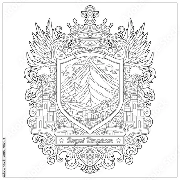 Fototapeta Premium vector. Fantasy kingdom emblem with beautiful carved ornament and crown. Learning and education coloring page illustration for adult and children. Vector outline style, black and white drawing