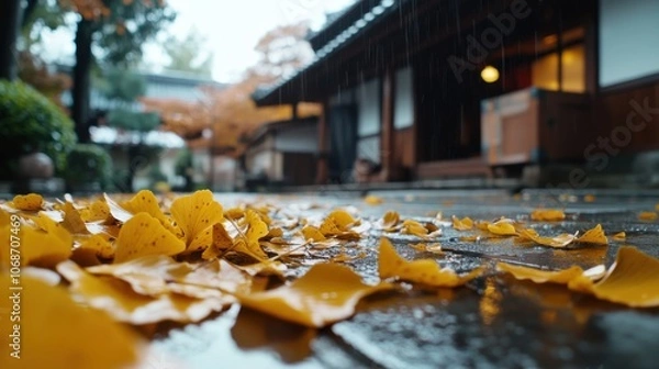 Fototapeta 雨に濡れた日本の伝統的な通りの紅葉