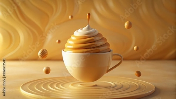 Obraz Coffee with Whipped Cream and Caramel Drizzle in a Cup on a Saucer