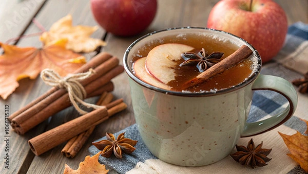 Fototapeta Hot spiced cider with cinnamon and orange slice, background, November