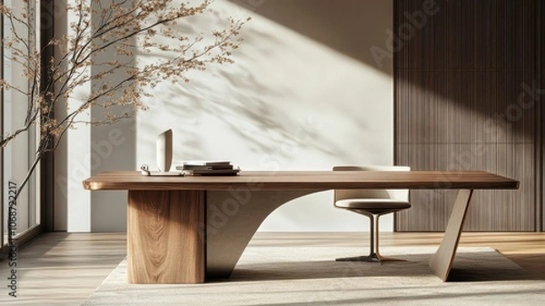 Fototapeta A stylish, modern office space featuring a unique wooden desk, a minimalist chair, and sunlight casting shadows on a neutral-toned background.