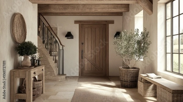 Fototapeta Luxurious entrance hall with timber beams, a large wooden door, and chic decor, offering a modern twist on rustic farmhouse design