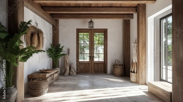 Fototapeta Modern farmhouse-style entrance with exposed wood beams, natural light, and a grand rustic door, embodying luxury and simplicity