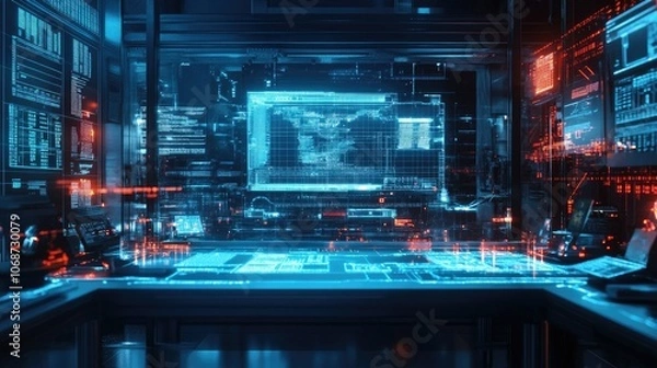 Fototapeta Futuristic Control Room with Digital Interfaces