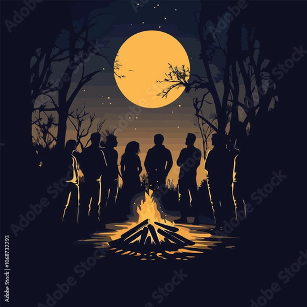Fototapeta Silhouette of a group of friends around a campfire under a starry sky