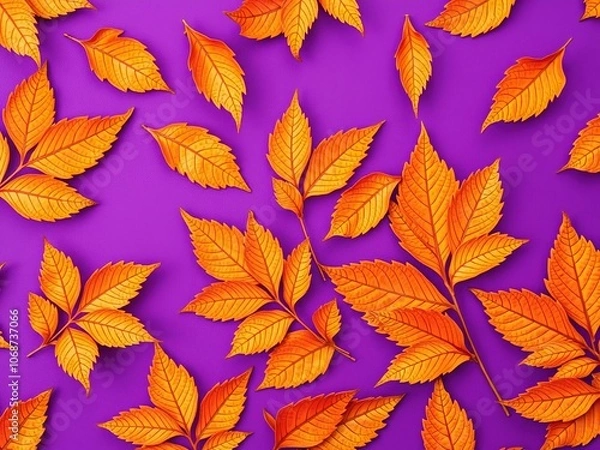 Fototapeta Pattern of dry orange metallic leaves on violet background, decor