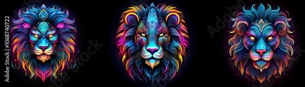 Fototapeta Three colorful lion heads with geometric patterns against a black background.