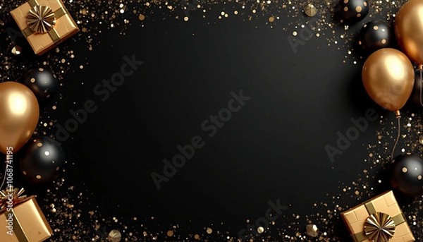 Fototapeta Celebrate with elegance discover ai-generated black and gold party themes featuring balloons and gifts