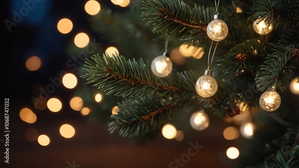 Fototapeta Christmas tree with bokeh lights. Festive background, nice and warm atmosphere, close up, copy space