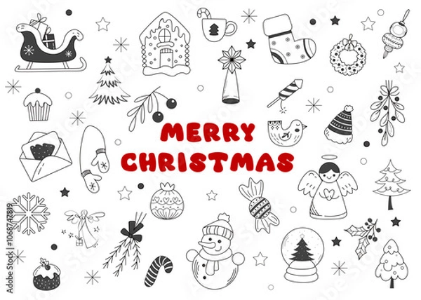 Fototapeta A doodle drawing with a Christmas theme. Hand drawn set of Merry Christmas doodles with red lettering in vector. Cute Christmas illustrations. Vector illustration