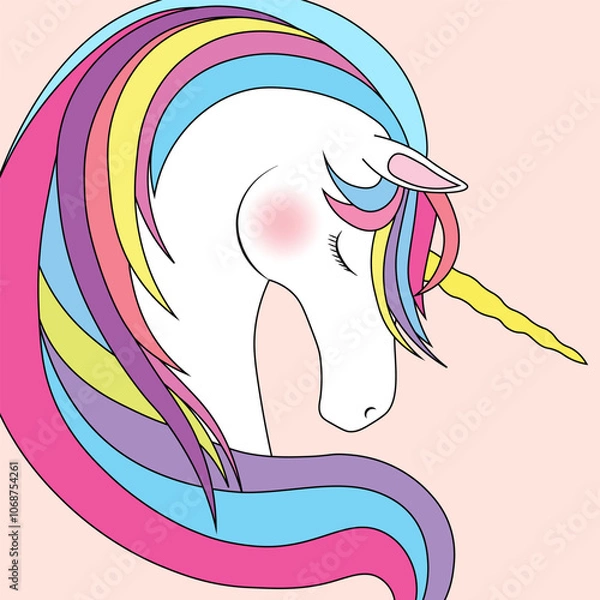 Fototapeta Unicorn cartoon style, magical animal portrait, vector illustration.