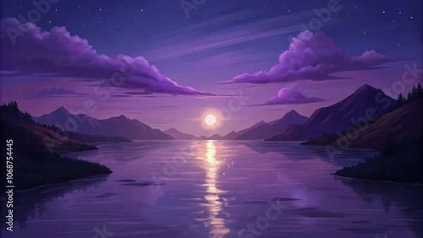 Fototapeta A Serene Evening Landscape with Purple Hues, Silhouetted Mountains, and a Glowing Moon