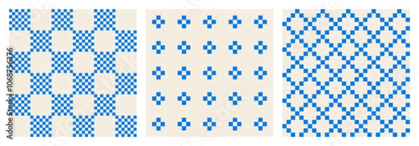 Fototapeta Set of abstract pixel blue patterns of chessboard, crosses and rhombuses on light background, flat style