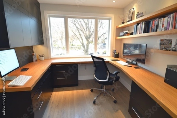 Fototapeta A small home office with a minimalist desk setup