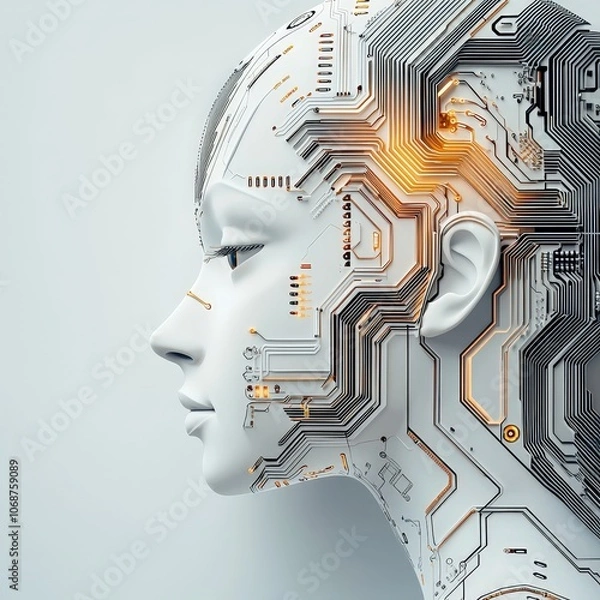 Fototapeta A woman's face is made of electronic circuitry
