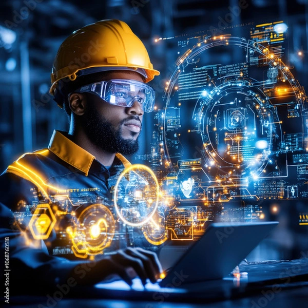 Fototapeta Innovative young man working on laptop with digital interface, wearing hard hat and safety glasses, immersed in technology and data analysis