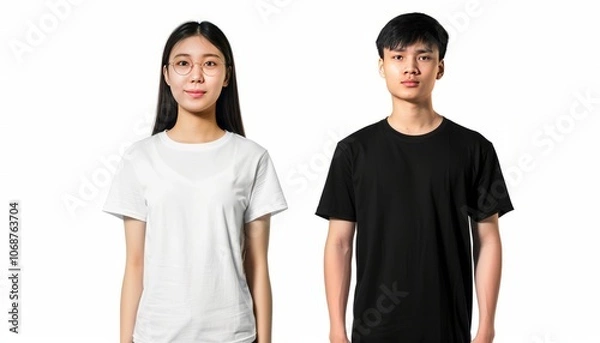 Obraz Diverse Duo: Asian Girl and Man Sporting Stylish T-shirts for Customization and Mock Up Advertising