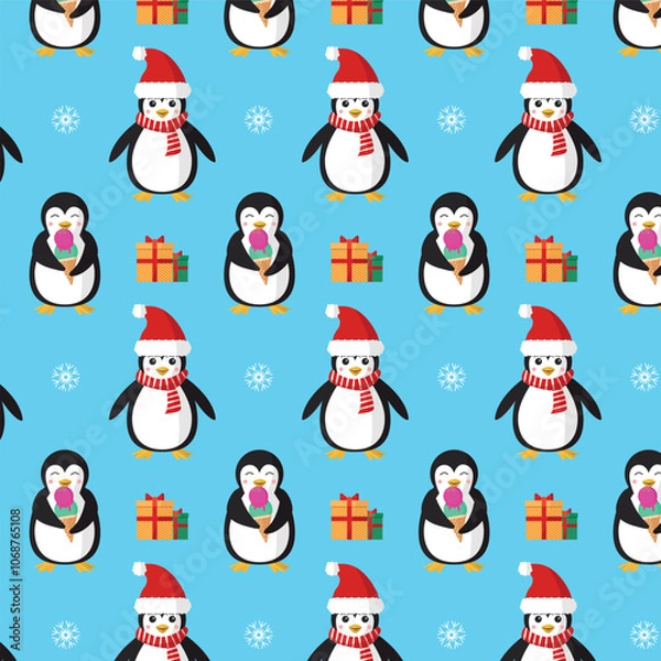 Fototapeta Seamless Christmas pattern with penguins, gifts and snowflakes on a blue background.