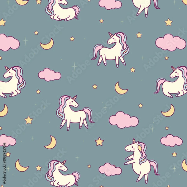 Fototapeta Cute Sweet Unicorn Head Seamless Pattern on pink background with stars