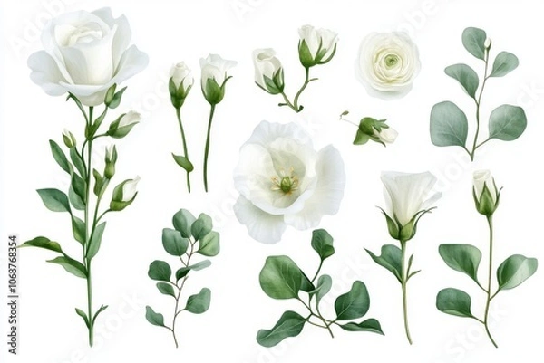 Fototapeta set of botanical watercolor white eustoma flowers and greenery for printing on wedding invitations, fabric or paper