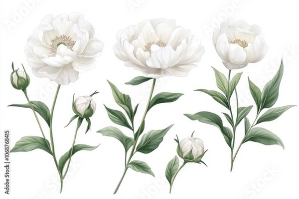 Obraz set of botanical watercolor white peony flowers and greenery for printing on wedding invitations, fabric or paper