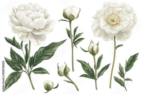 Obraz set of botanical watercolor white peony flowers and greenery for printing on wedding invitations, fabric or paper