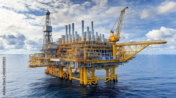 Obraz A huge yellow of offshore oil rig drilling platform in the gulf of Thailand, Process platform for production oil and gas, Petroleum production and exploration industrial. Generative AI