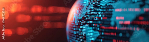 Obraz Glowing digital binary globe with blue and red hues symbolizing global connectivity and technology advancement. Perfect for tech and data concepts.