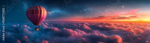 Fototapeta A Hot Air Balloon Soaring Above a Sea of Clouds at Sunset with a Starry Sky