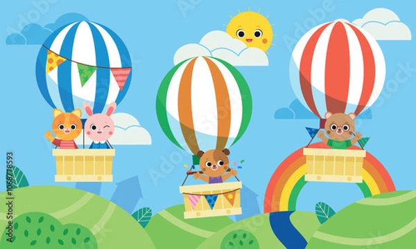 Fototapeta Cute animals riding on hot air balloons on sky landscape with cloud and rainbow above pond, green field. Animal character cat, bunny, bear, dog on aerostat with baskets. Journey, back to school.