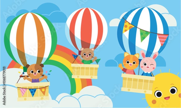 Fototapeta Cute animals riding on hot air balloons on sky landscape with cloud and rainbow above pond, green field. Animal character cat, bunny, bear, dog on aerostat with baskets. Journey, back to school.